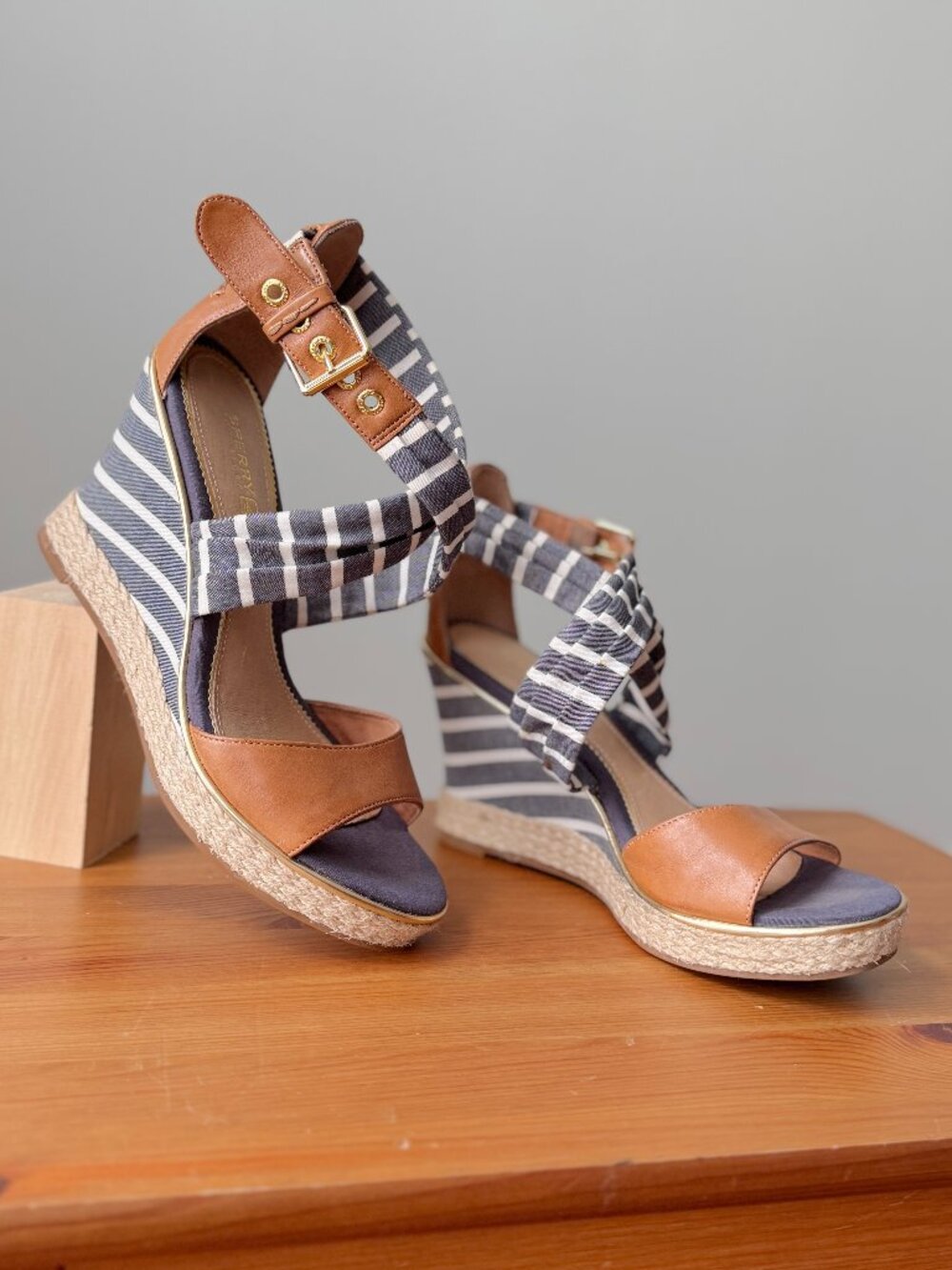 Women’s Striped Espadrille Wedge Sandals - Brown & Navy